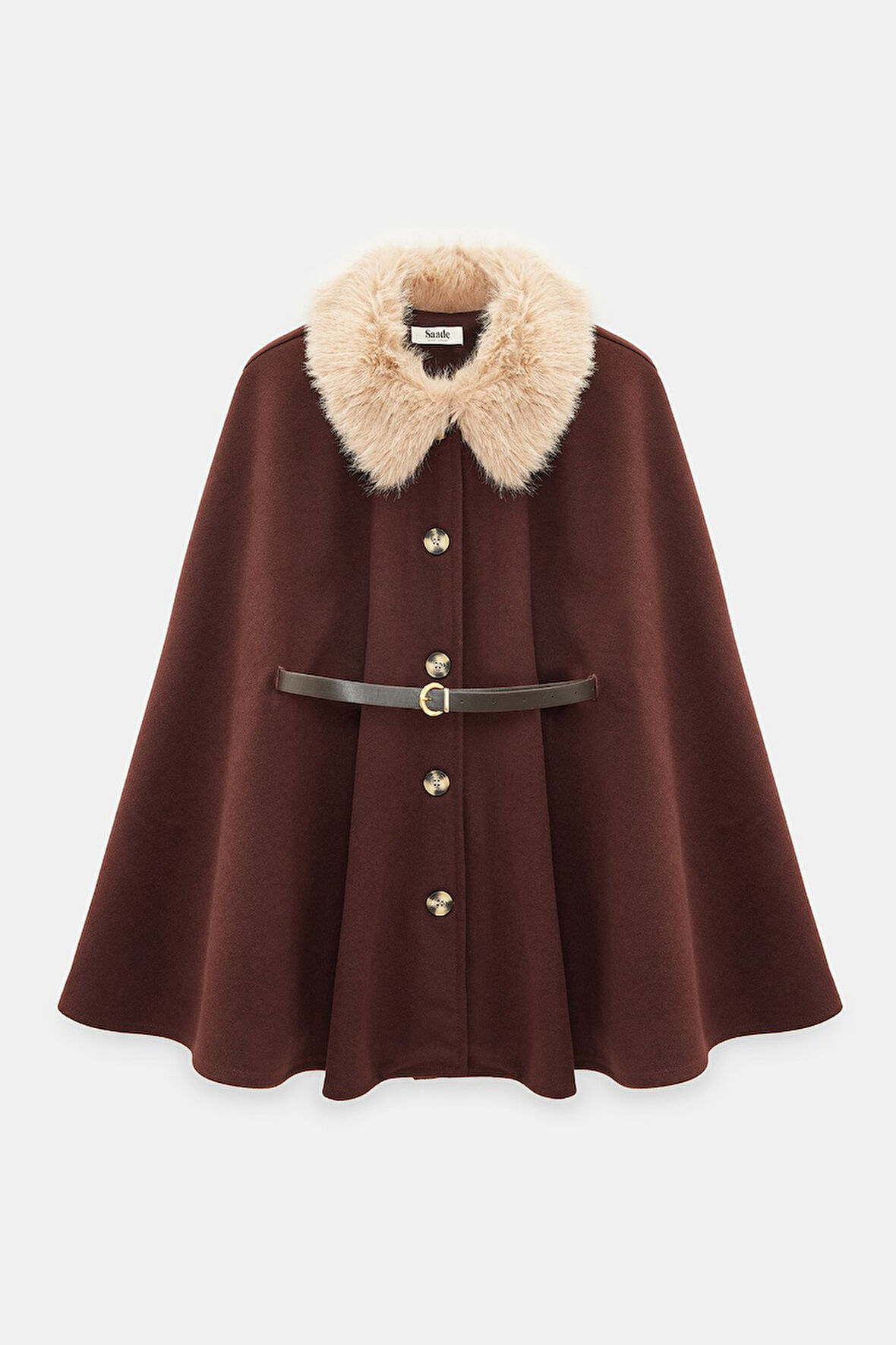 Kahverengi - STD Kadın Kürk Yakalı Kemerli Kaşe Panço - Vintage Glam