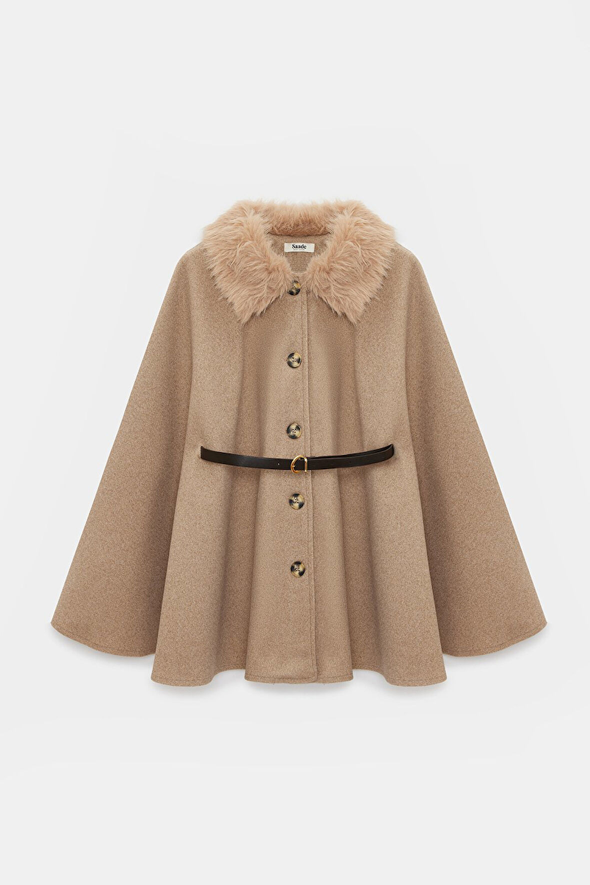 Bej - STD Kadın Kürk Yakalı Kemerli Kaşe Panço - Vintage Glam