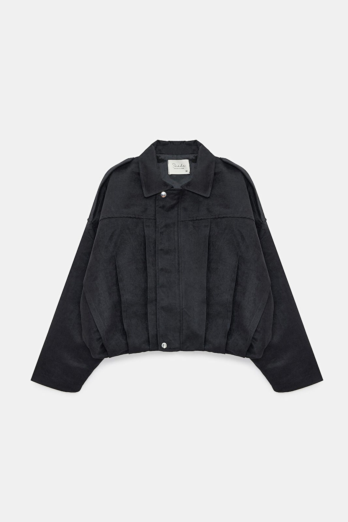 Siyah - 38 Kadın Oversize Fermuarlı Pile Detaylı Apoletli Bomber Süet Ceket - Military Chic