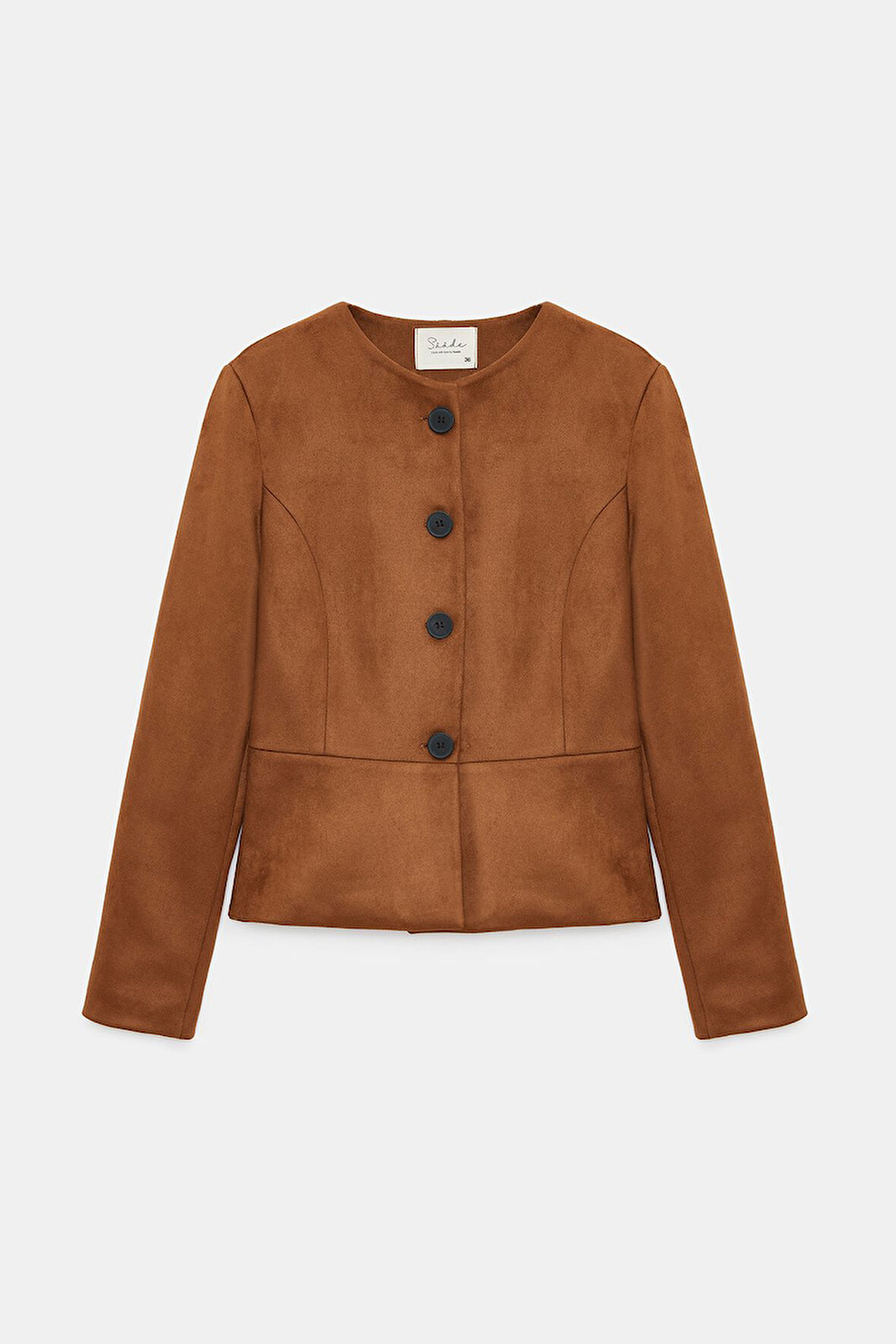 Kahverengi - M Kadın Regular Fit Bisiklet Yaka Düğmeli Süet Ceket