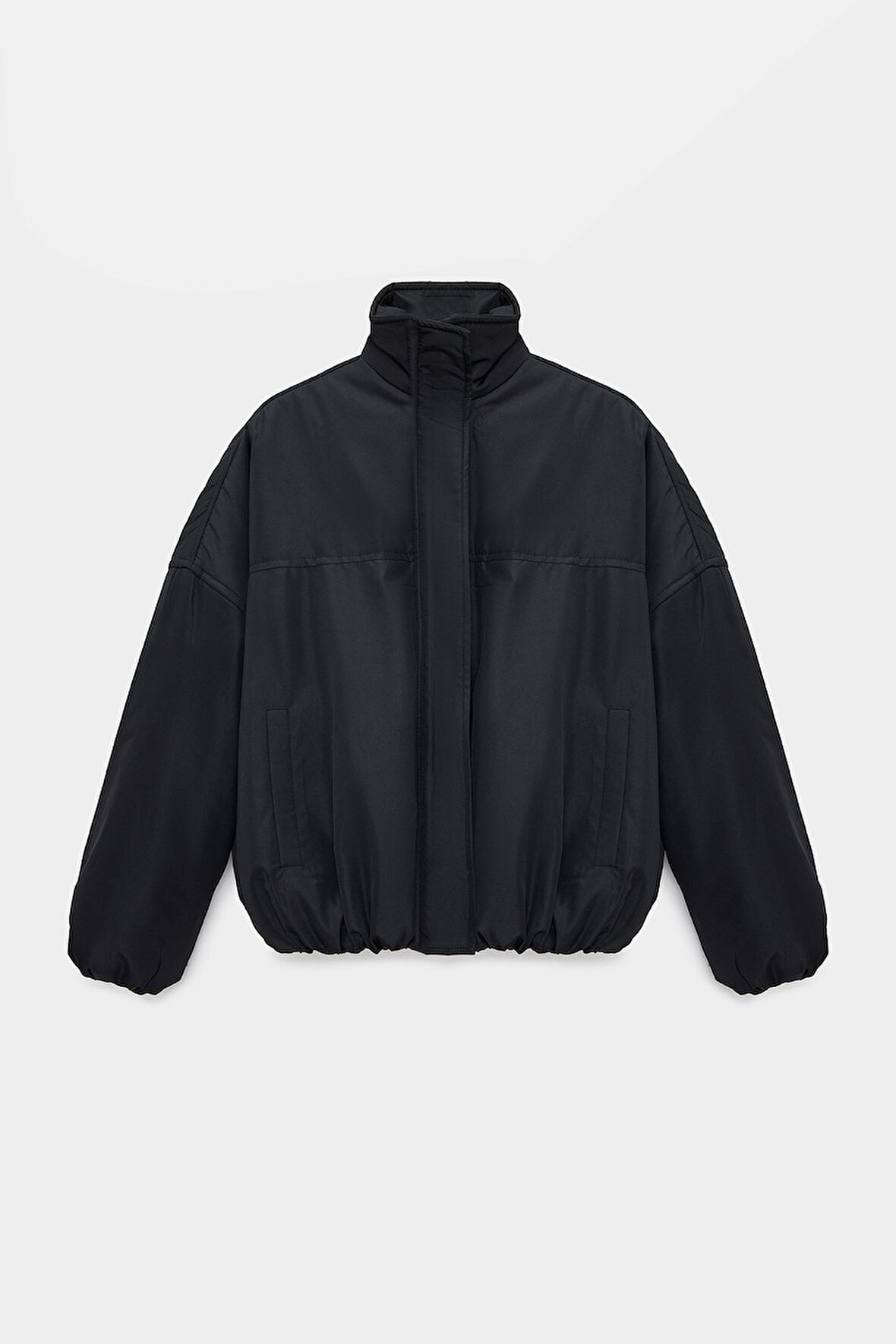 Siyah - 36 Kadın Oversize Dik Yaka Fermuarlı Puffer Mont