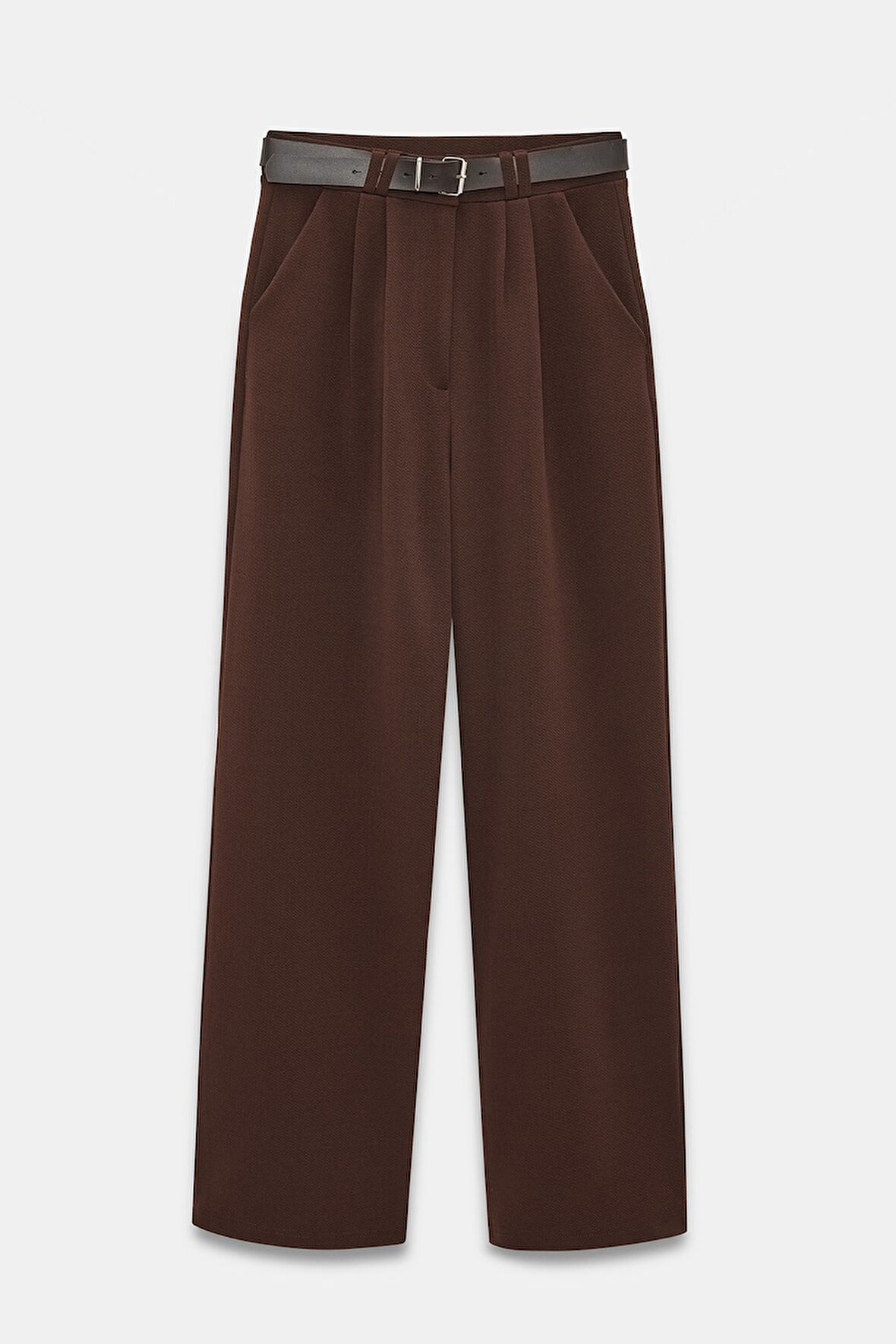 Kahverengi - 38 Kadın Yüksek Bel Likralı Palazzo Pantolon - Kemerli