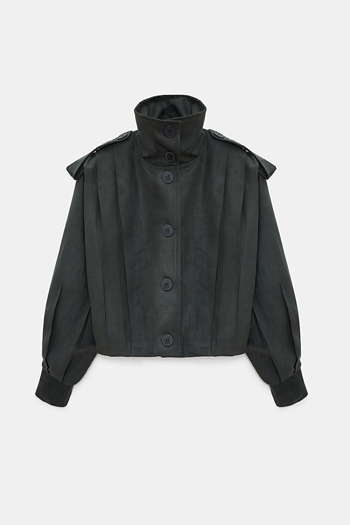 Koyu Petrol - M Kadın Oversize Dik Yaka Düğmeli Crop Bomber Süet Ceket - Pile Detaylı