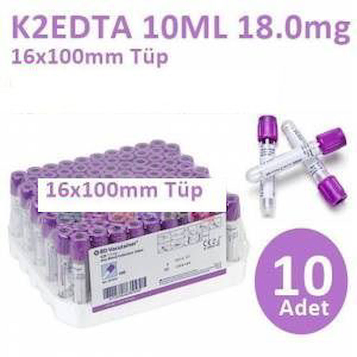 Medikalcim 100 Adet Kan Alma Tüpü, Mor Kapak, K2E K2EDTA 10ml 18mg 16x100mm, Bd Vacutainer