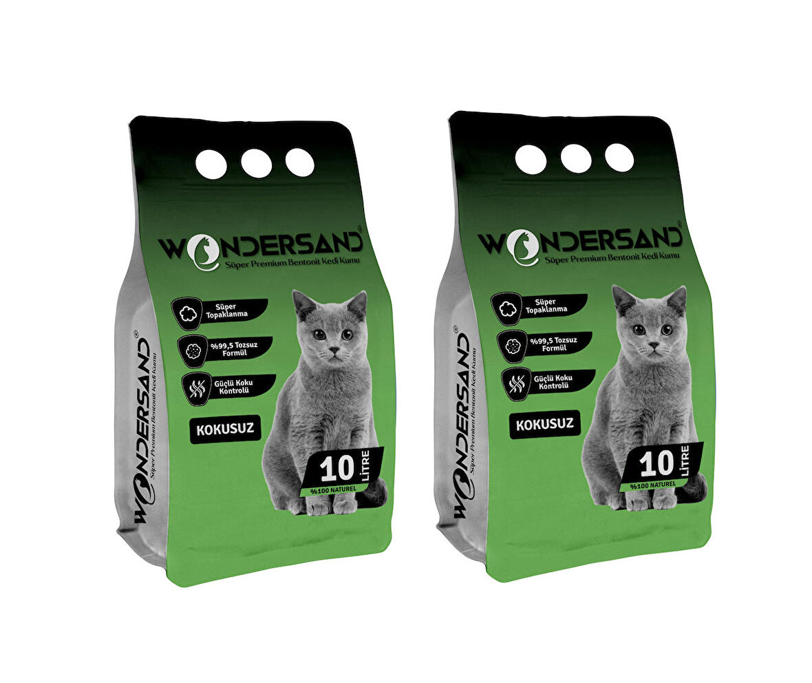 WONDERSAND KOKUSUZ NATUREL İNCE TANE TOPAKLANAN KEDİ KUMU 10 LT X 2 ADET