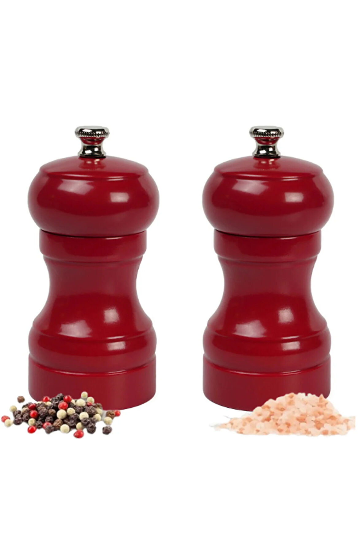 Koyu Kırmızı Ahşap Tuz Ve Karabiber El Değirmeni Öğütücü Grinder 2 Adet 10 Cm
