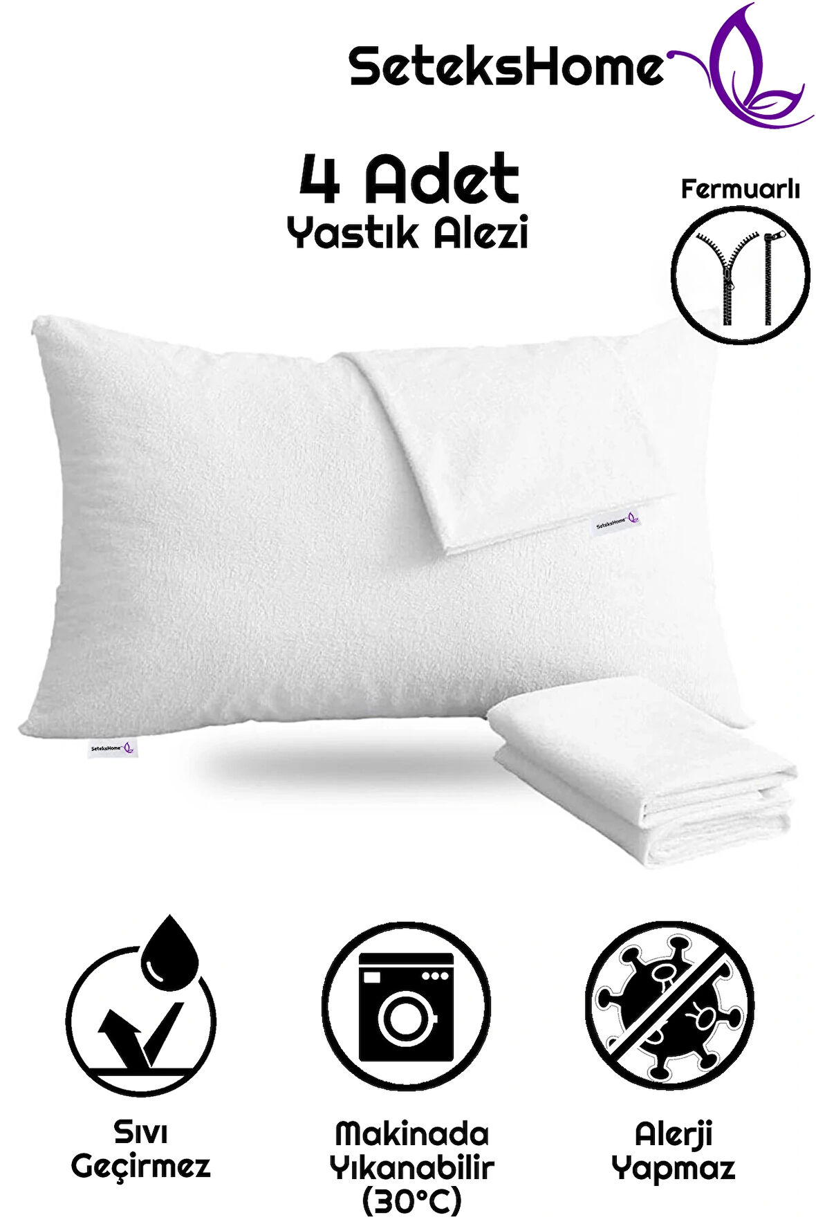 Sıvı Geçirmez Fermuarlı Yastık Alezi Yastık İçi Yastık Kılıfı 4 Adet