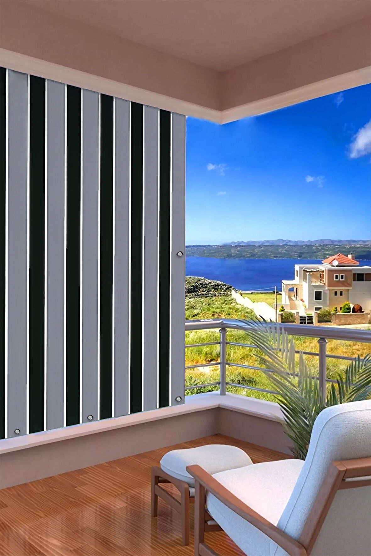 Kalın Düğmeli Kuş Gözlü Bağcık Hediyeli Balkon Perdesi Siyah-gri