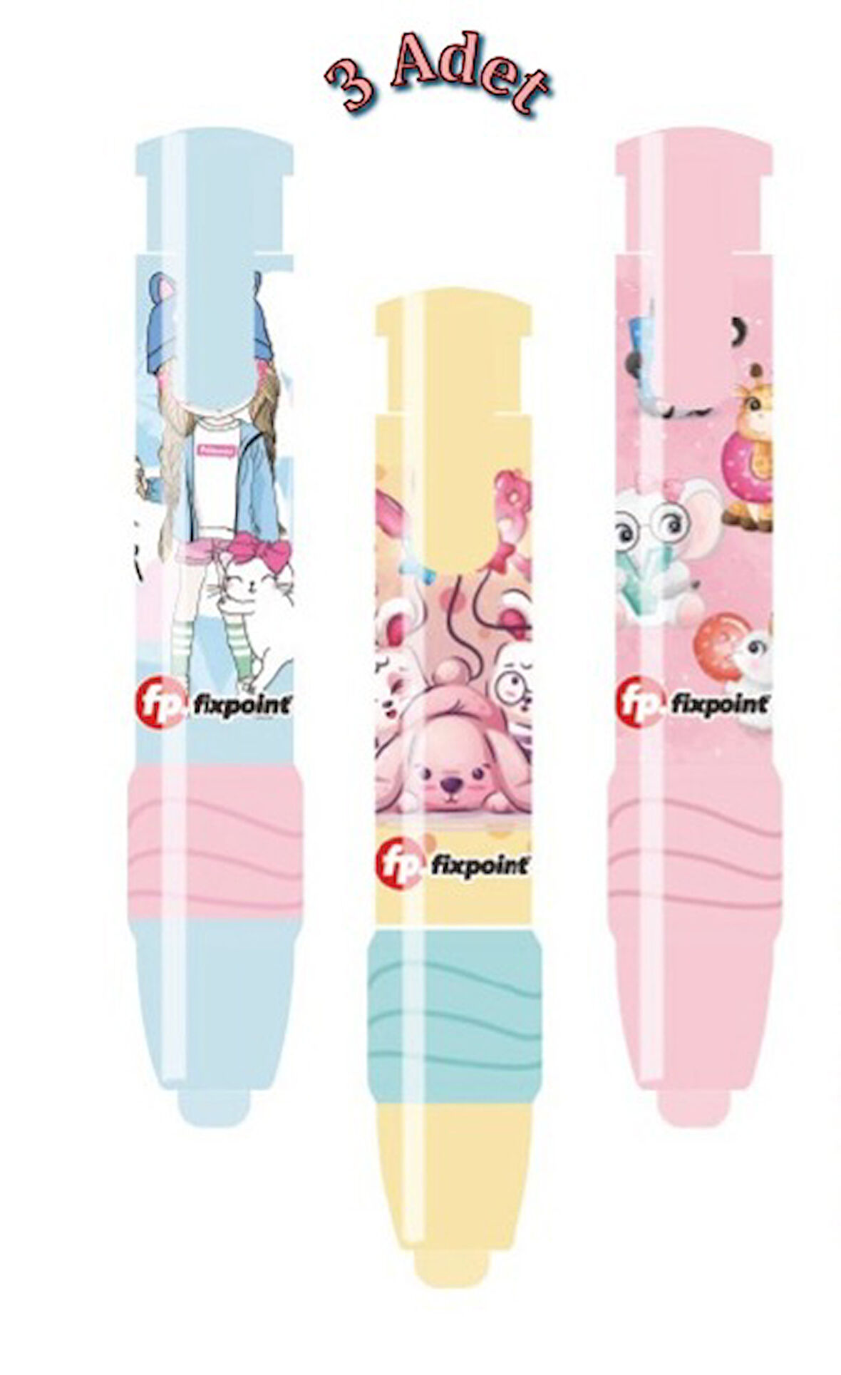 Fixpoint -3 Adet- Mekanik Otomatik Pastel Renkler Kız Seti Roket Silgi (P-1307)