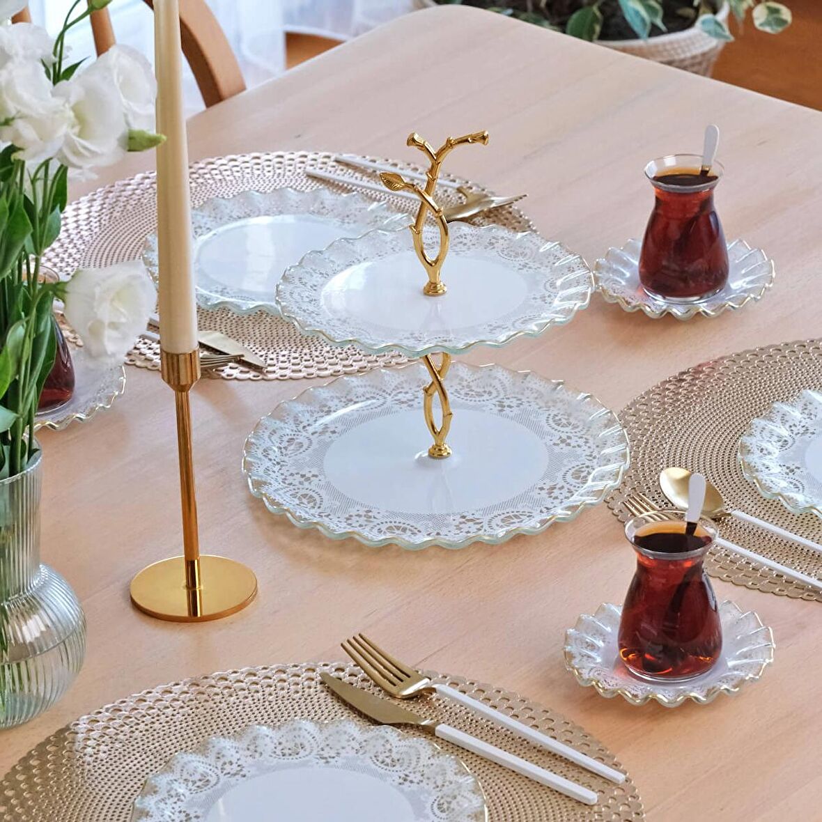 Glore Marche Altın Yaldızlı 6 Kişilik 25 Parça Pasta Çay İkram Takımı