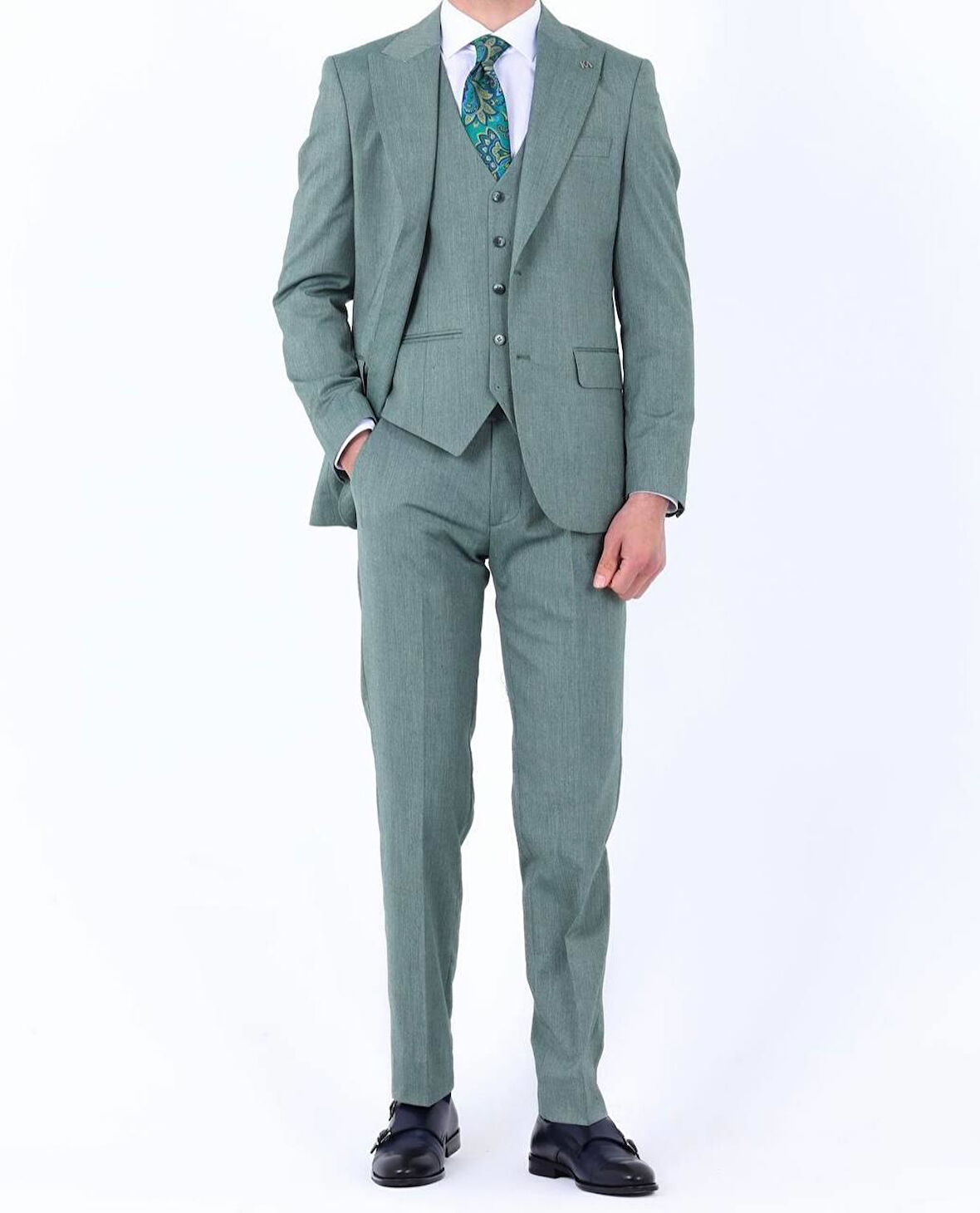 Slim Fit Yelekli Erkek Takım Elbise - Viskon Karışımlı Dört Mevsim Kullanılabilir