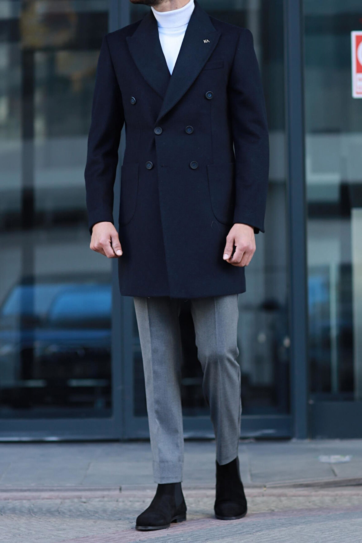 Erkek Kışlık Yünlü Kumaş Kruvaze Kaban-KAV7205W