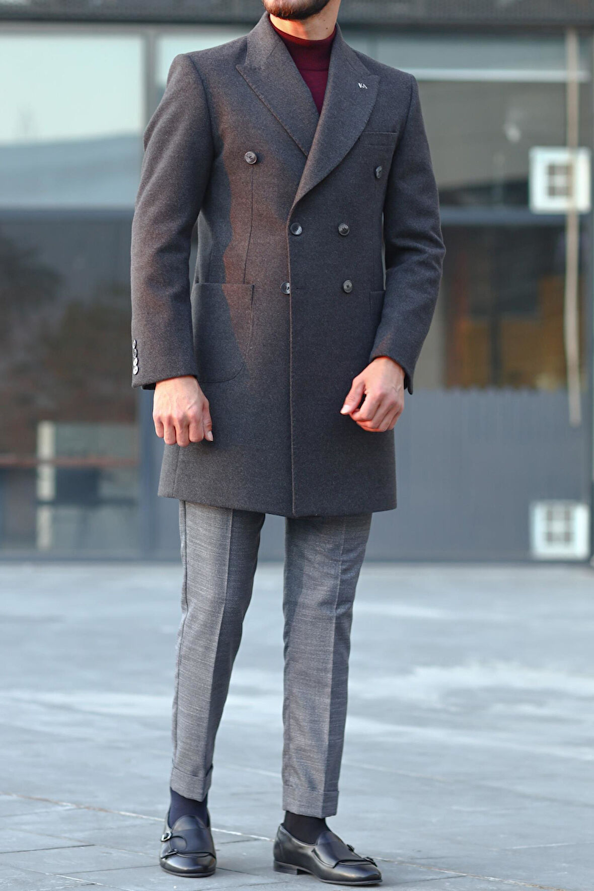 Geniş Yaka Erkek Kruvaze Kaban - Modern Kesim-KAV7200W