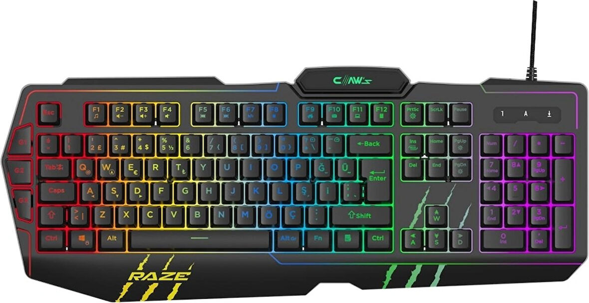 “ Claw's Raze RGB Yazılım & Harici G-Makro Tuşlu - Lazer Baskılı Özel ABS Materyal - Örgü Kablolu Membran Oyuncu Klavyesi
