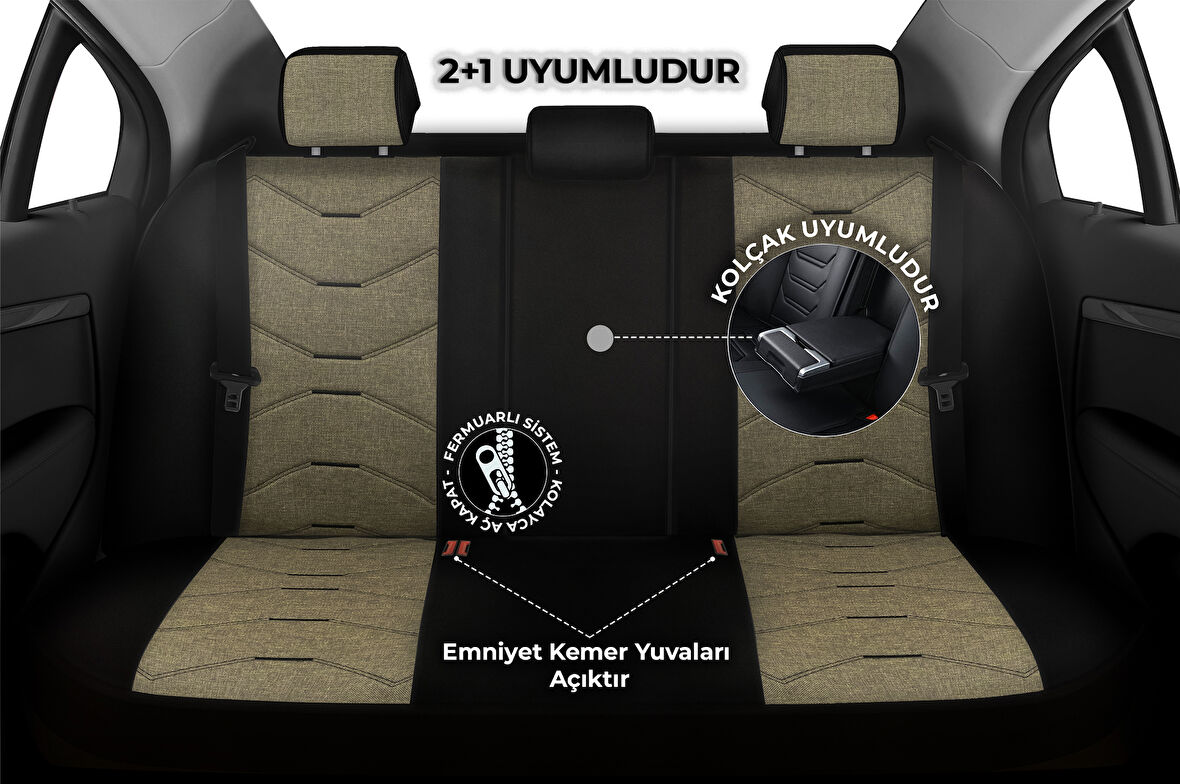 Verita Elegance Serisi - Citroen C3 Picasso ile uyumlu Koltuk Kılıfı, Keten-Deri / Haki