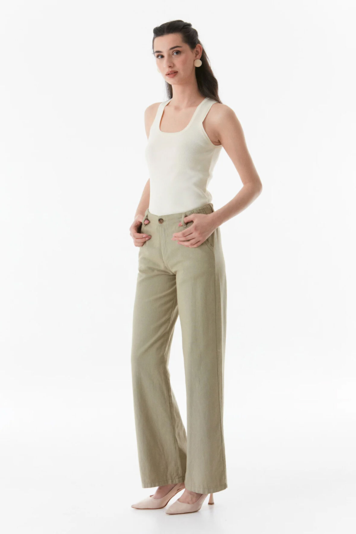 Yüksek Bel Palazzo Keten Pantolon