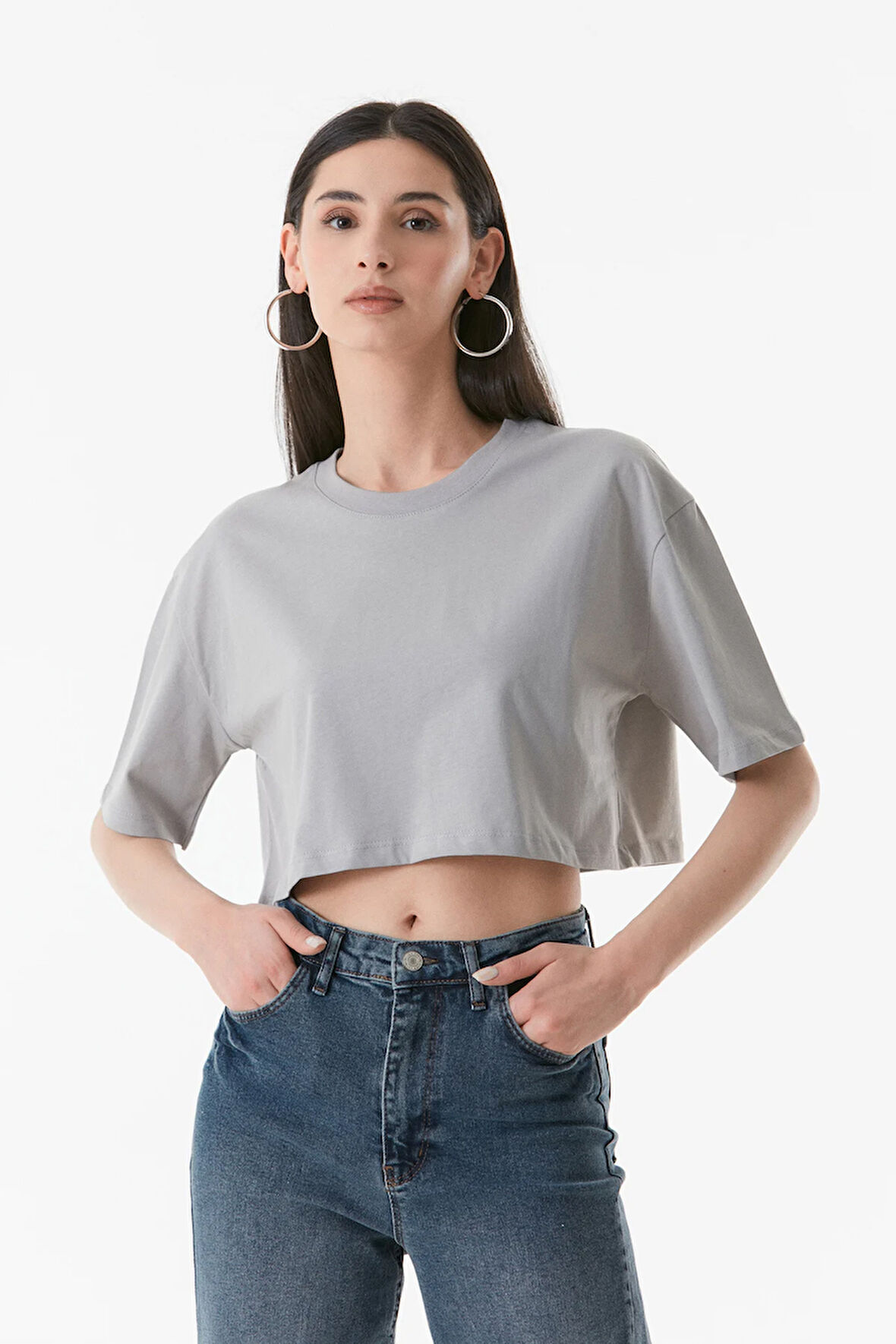 Basic Bisiklet Yaka Oversize Crop Tişört