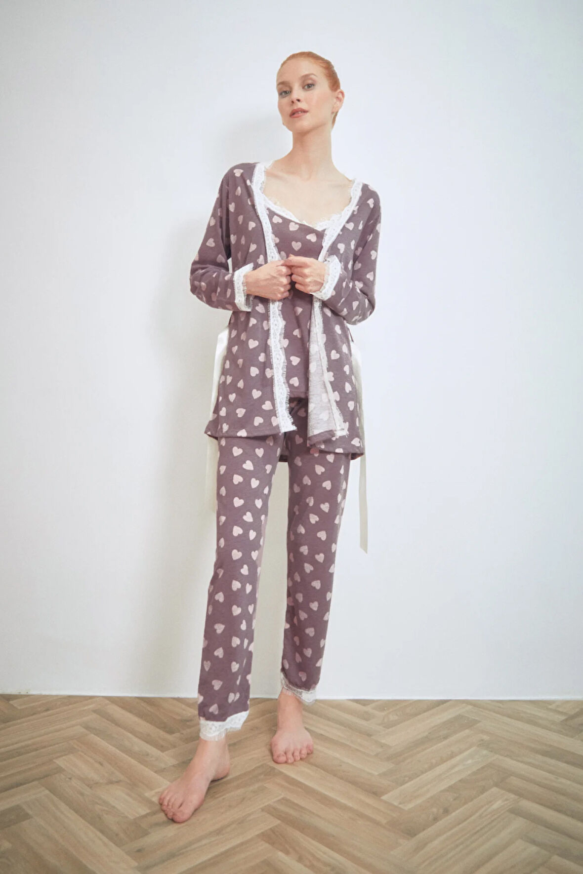 Kalp Baskılı İp Askılı 3 Lü Pijama Takımı