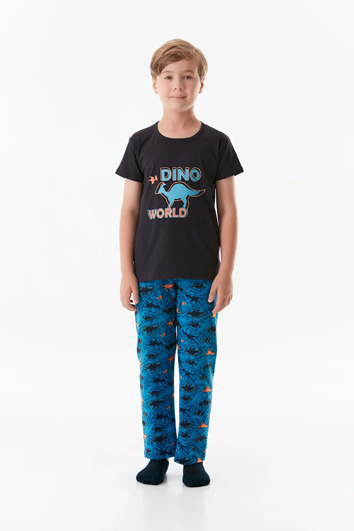 Dinozor Baskılı Bisiklet Yaka Erkek Çocuk Pijama Takımı