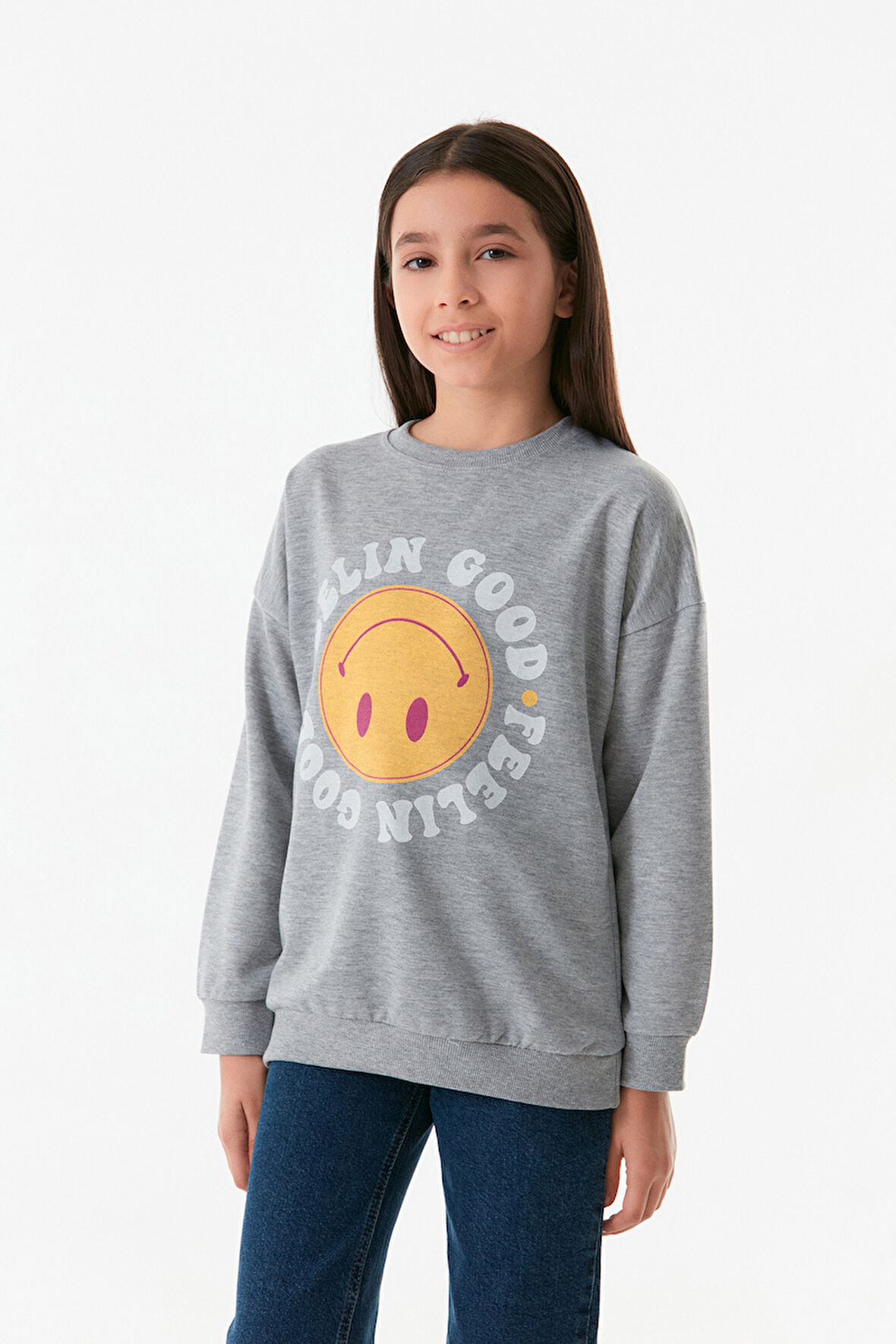 Gülücük Baskılı Bisiklet Yaka Kız Çocuk Sweatshirt