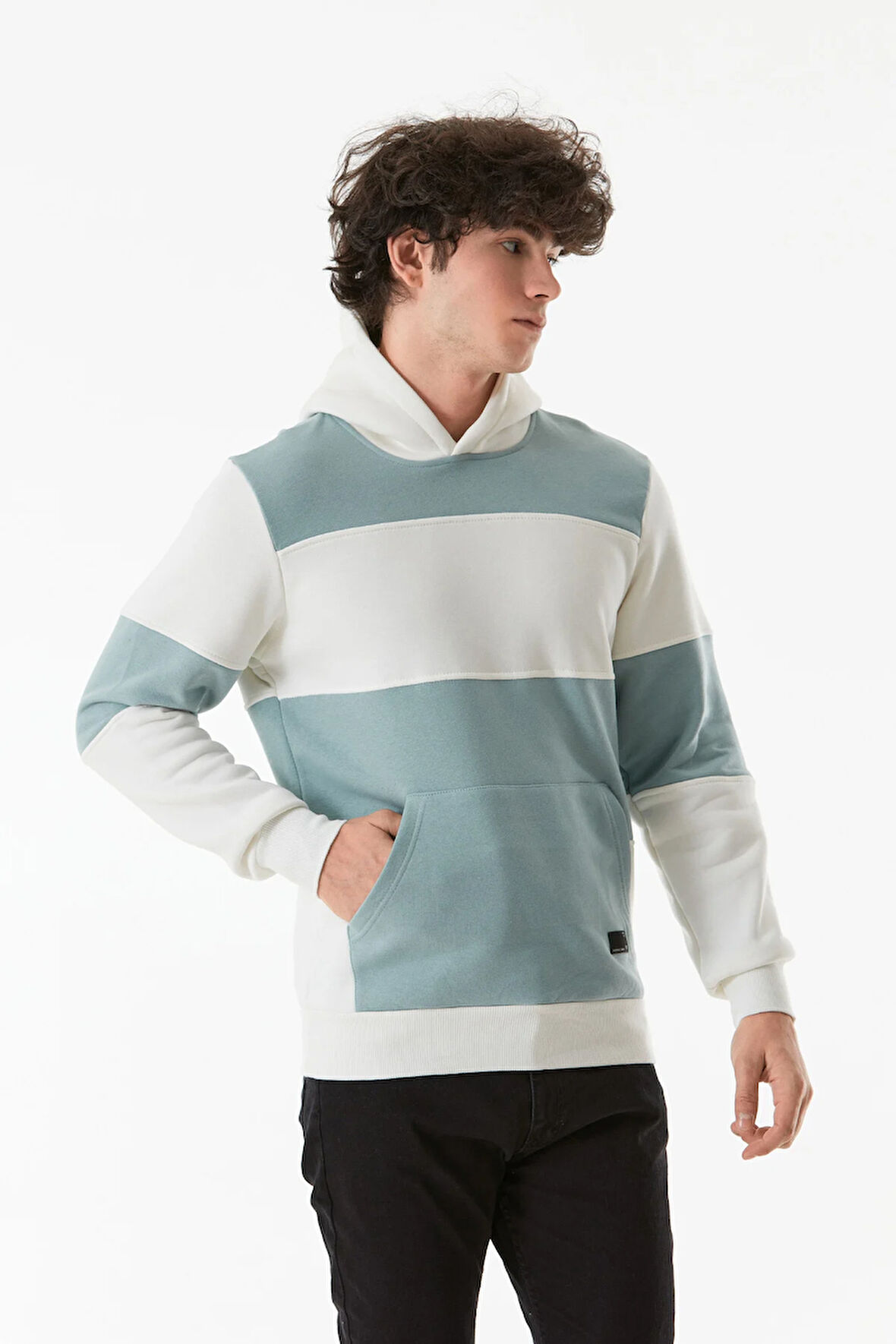 3 İplik Renk Bloklu Kanguru Cepli Kapüşonlu Sweatshirt