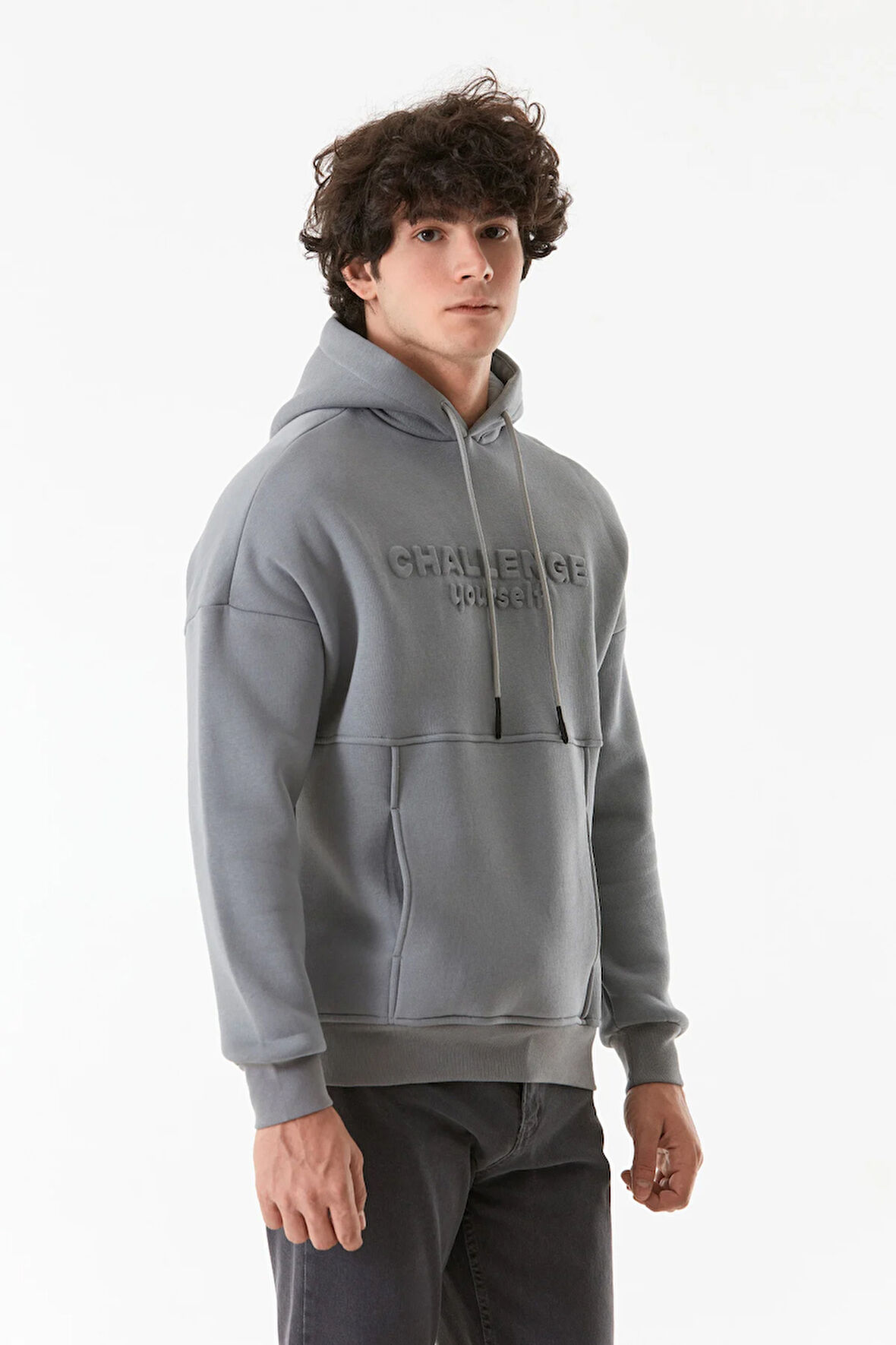 3 İplik Kabartma Baskılı Kapüşonlu Kanguru Cepli Sweatshirt