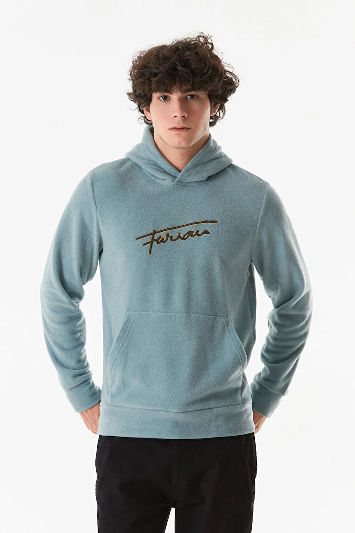 Yazı Nakışlı Kanguru Cepli Kapüşonlu Polar Sweatshirt