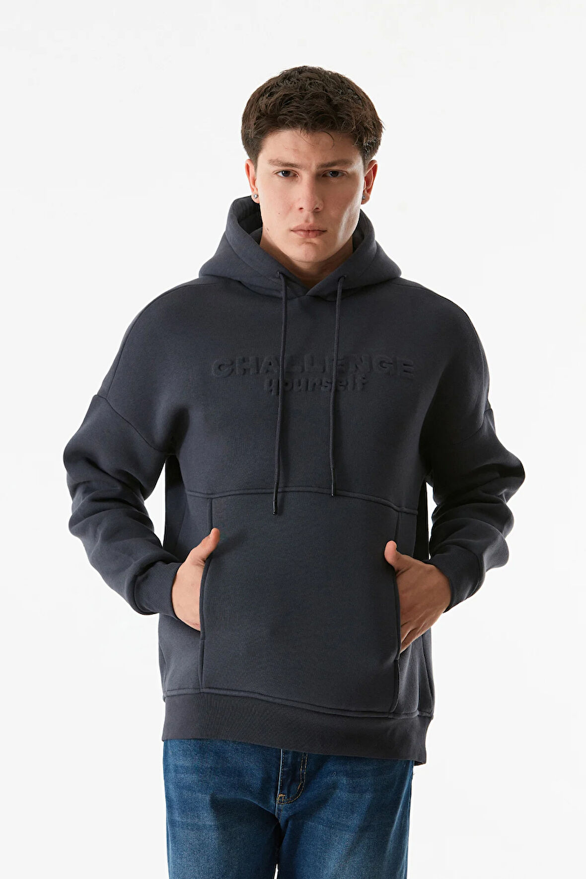 3 İplik Kabartma Baskılı Kapüşonlu Kanguru Cepli Sweatshirt