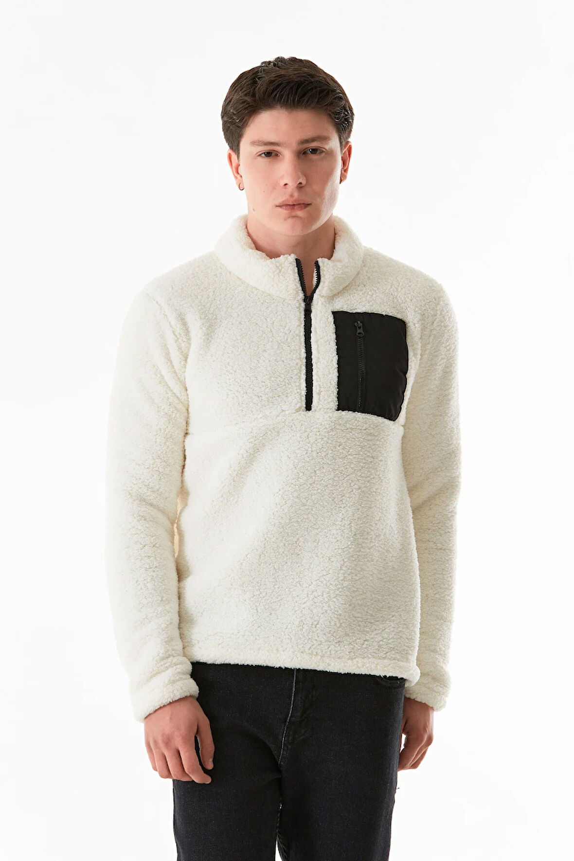 Dik Yaka Yarım Fermuarlı Peluş Sweatshirt