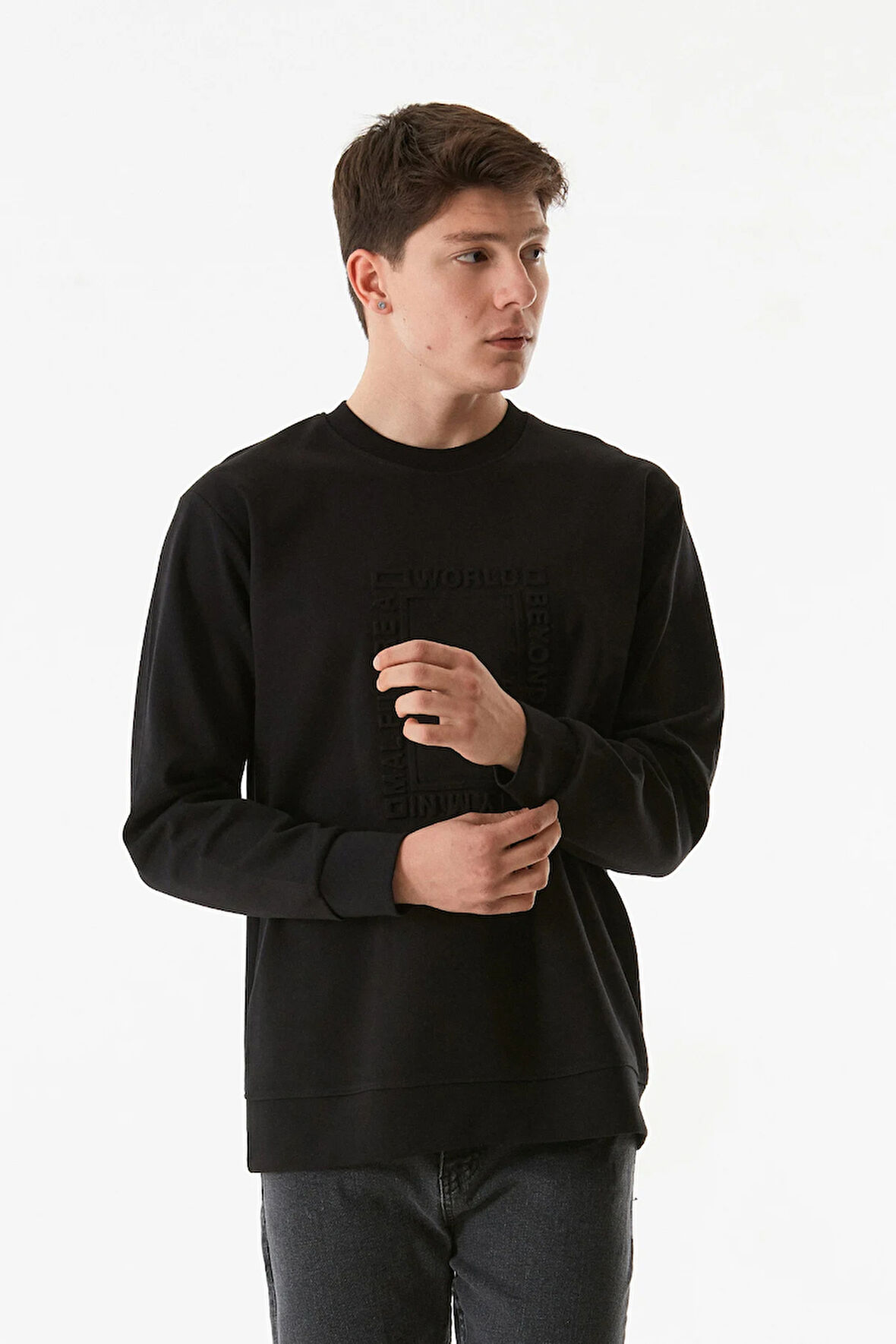 Yazı Kabartmalı Bisiklet Yaka Sweatshirt