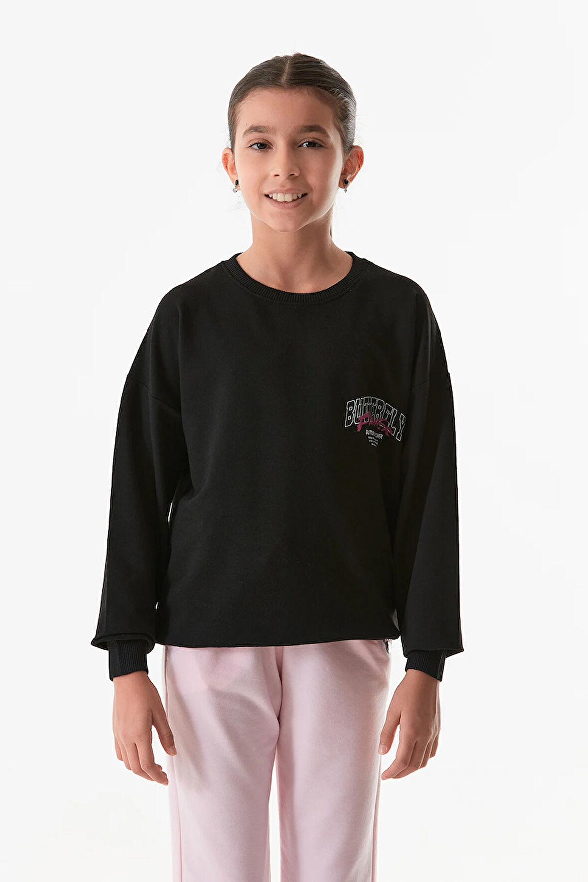 Önü Ve Arkası Kelebek Baskılı Kız Çocuk Sweatshirt