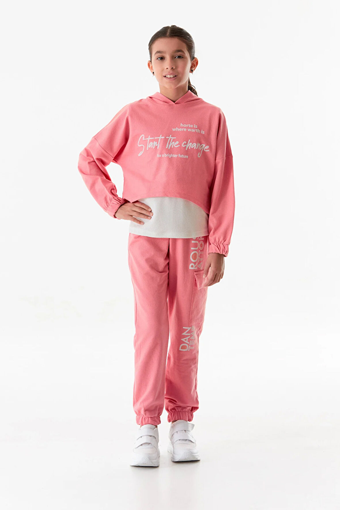 Yazı Baskılı Kapüşonlu Jogger 3 Lü Kız Çocuk Takım