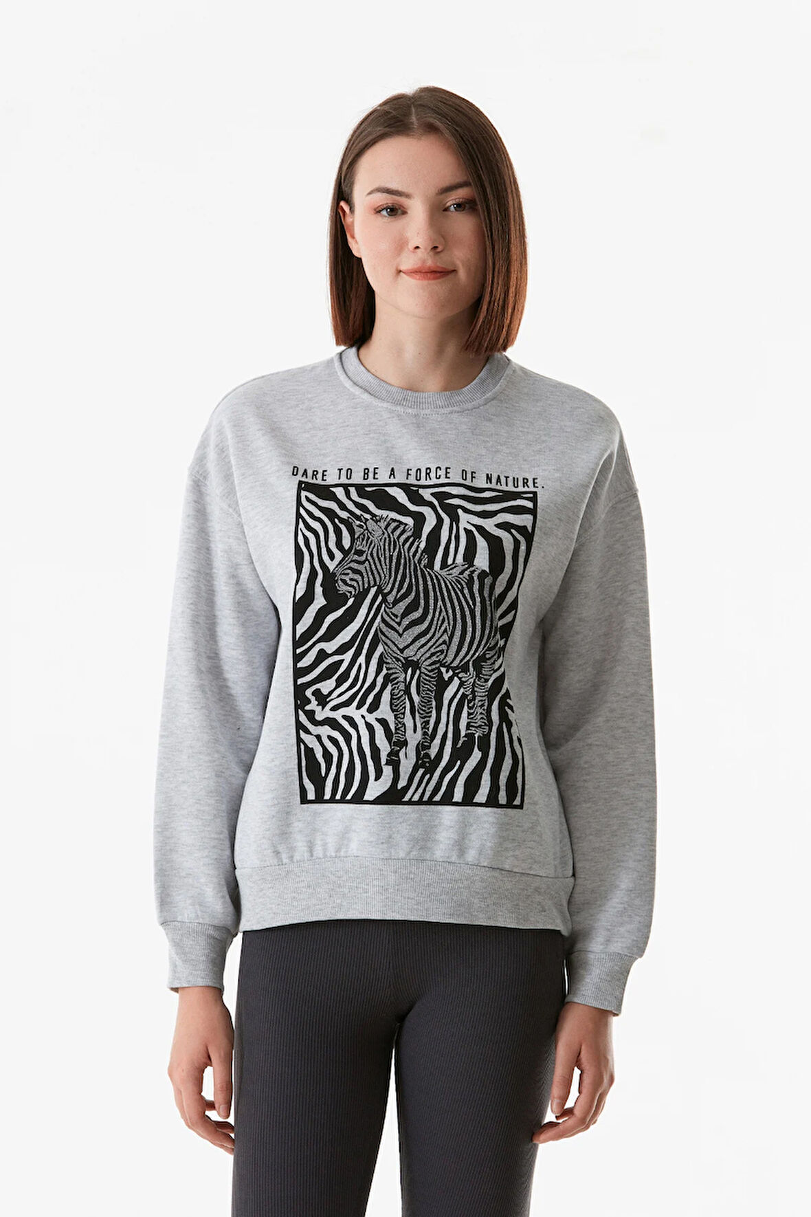 3 İplik Zebra Baskılı Bisiklet Yaka Sweatshirt