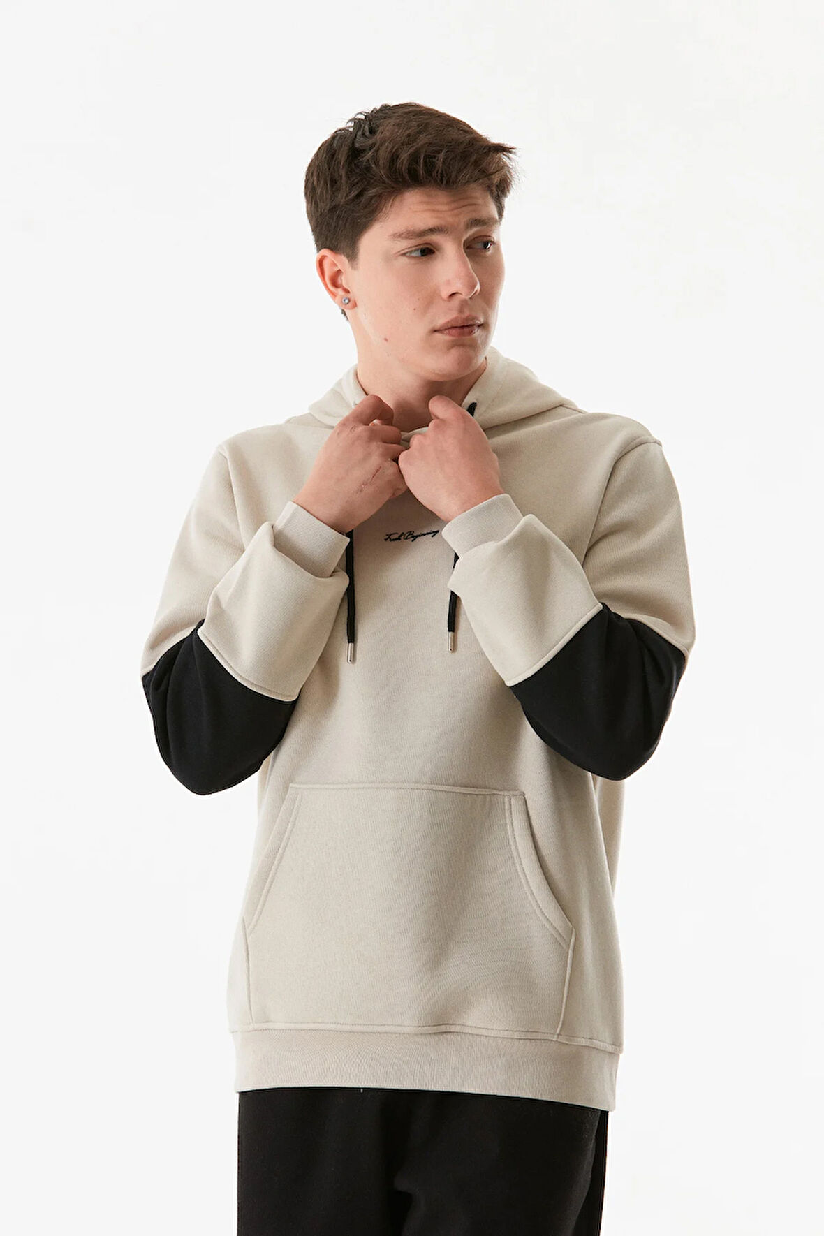 3 İplik Yazı Baskılı Kanguru Cepli Kapüşonlu Sweatshirt