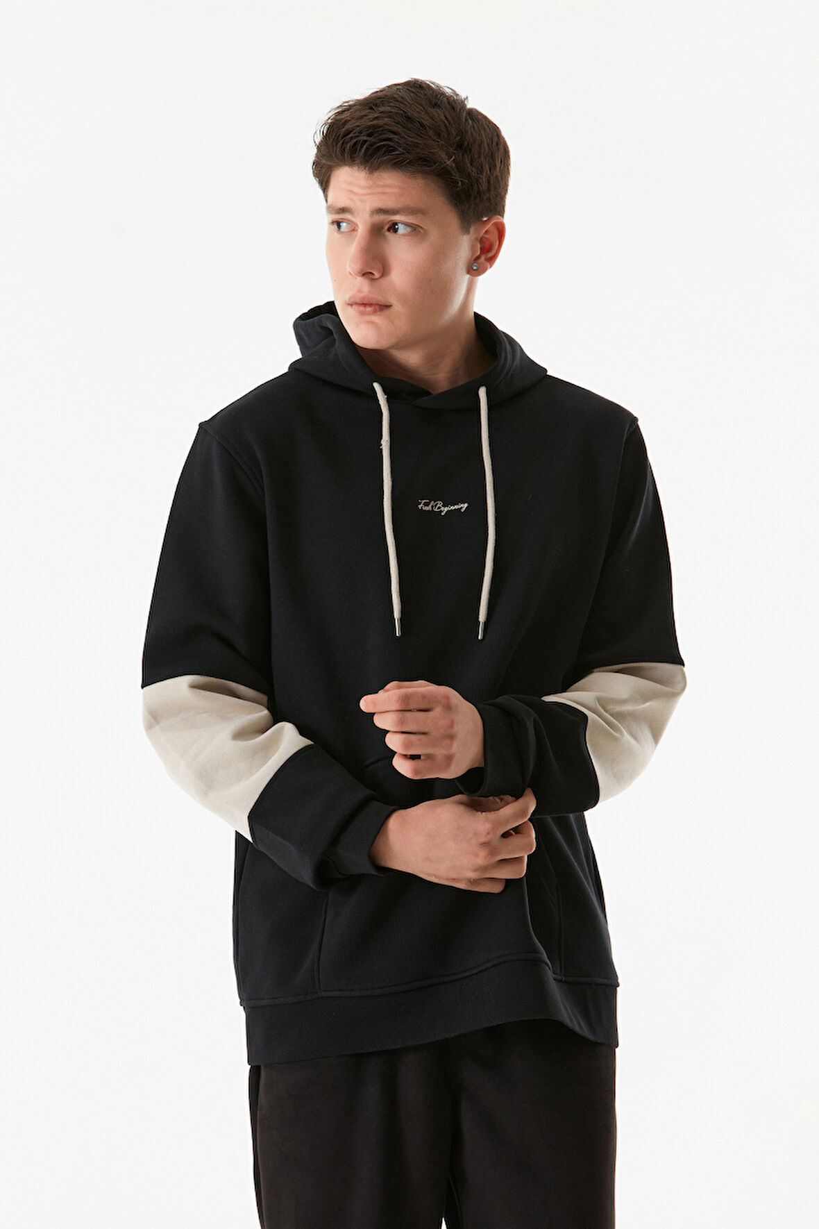 3 İplik Yazı Baskılı Kanguru Cepli Kapüşonlu Sweatshirt