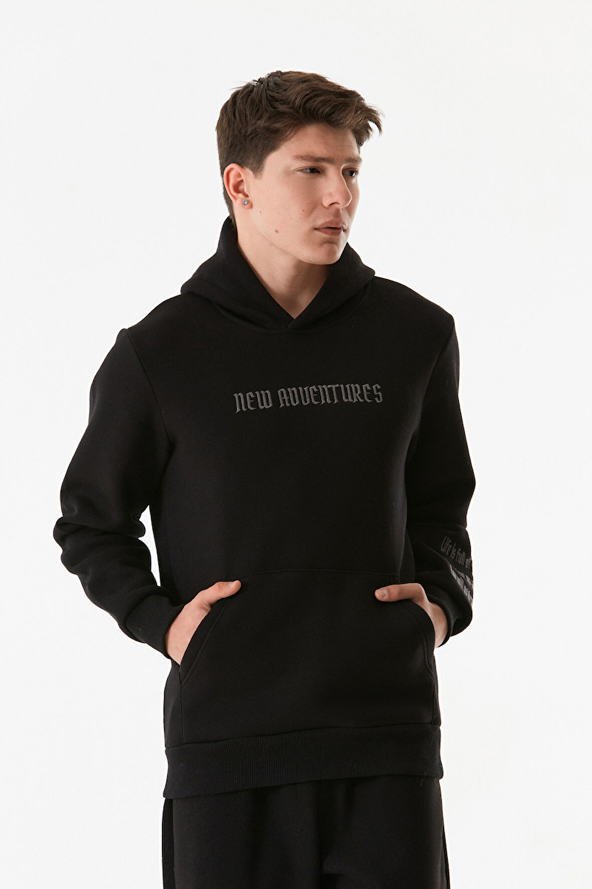 3 İplik Yazı Nakışlı Kanguru Cepli Kapüşonlu Sweatshirt