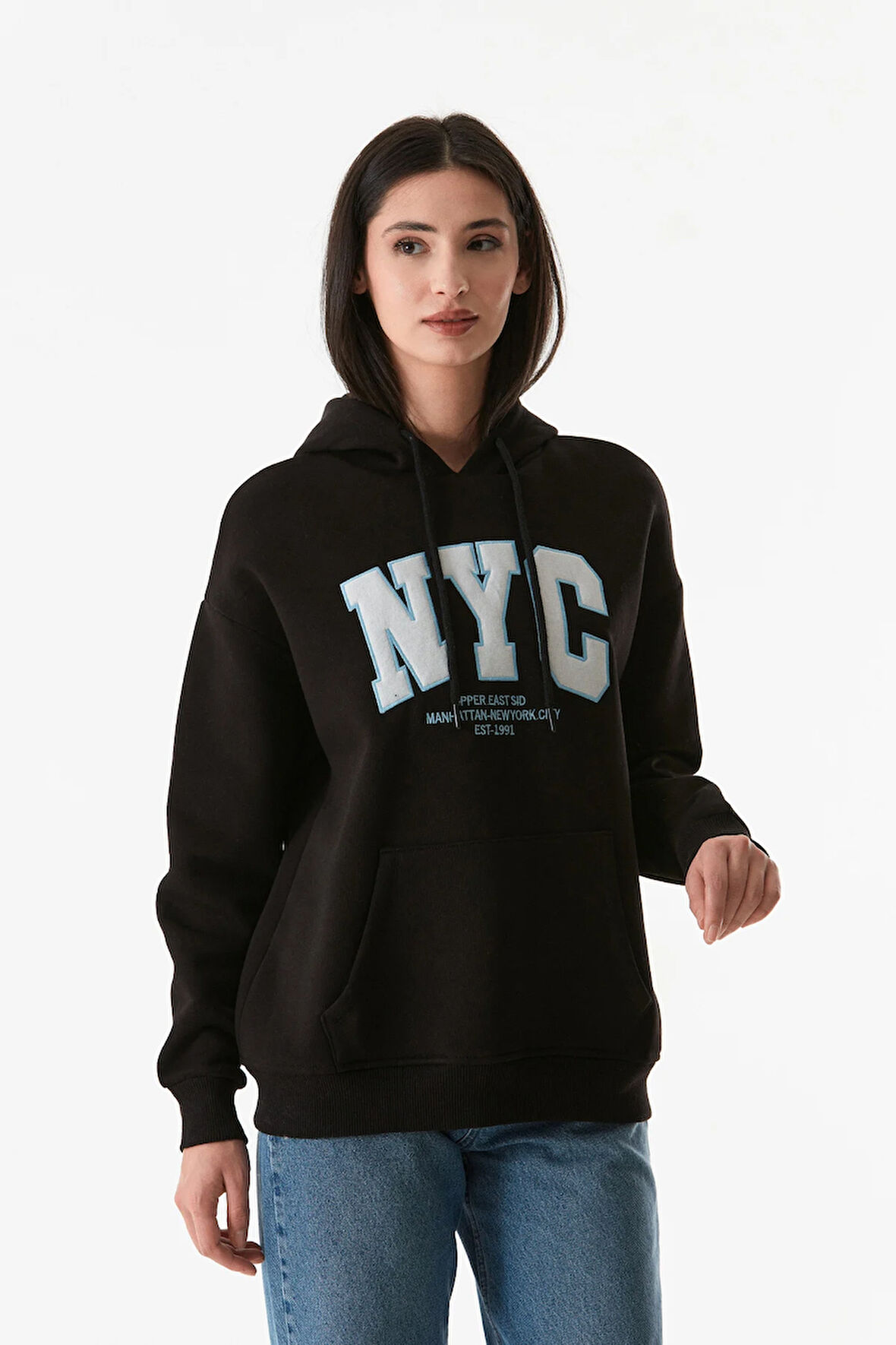 3 İplik Nyc Baskılı Kanguru Cepli Kapüşonlu Sweatshirt Hoodie