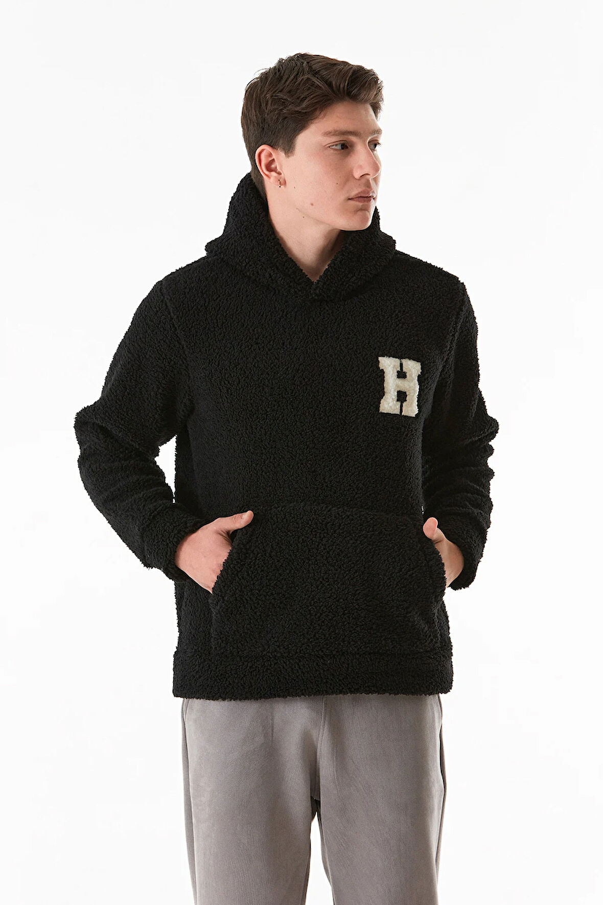Nakışlı Kapüşonlu Kanguru Cepli Peluş Sweatshirt