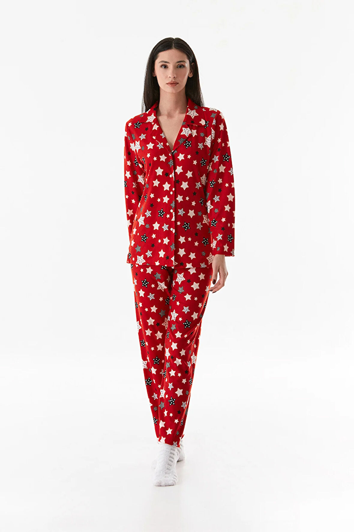 Çizgili Gömlek Yaka Süet Pijama Takımı