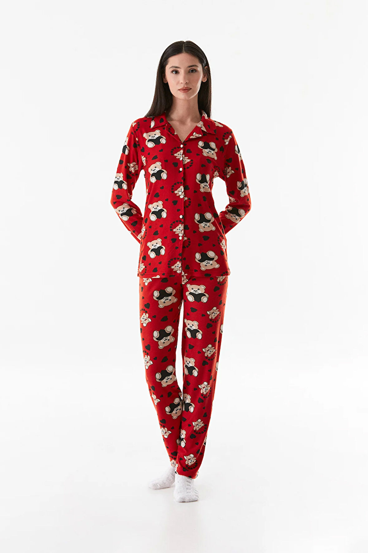 Kalp Desenli Gömlek Yaka Süet Pijama Takımı