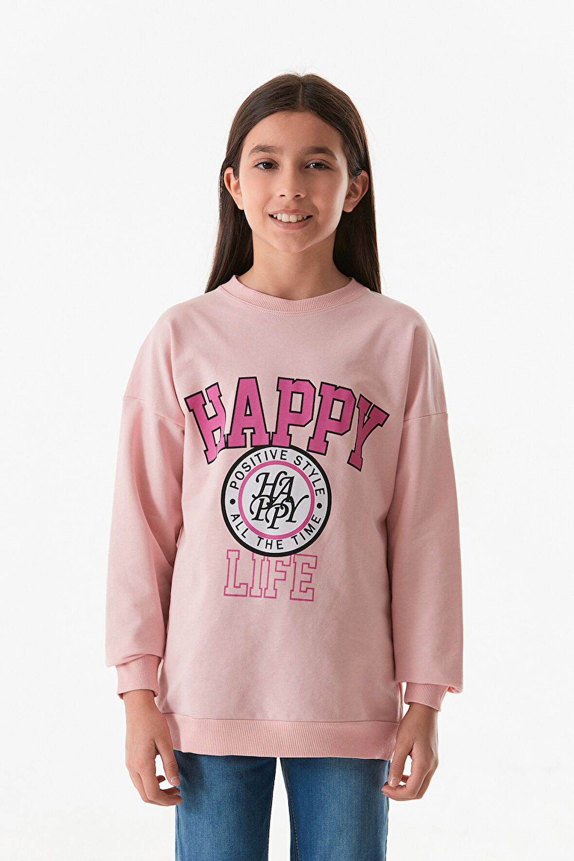 Happy Yazı Baskılı Bisiklet Yaka Kız Çocuk Sweatshirt