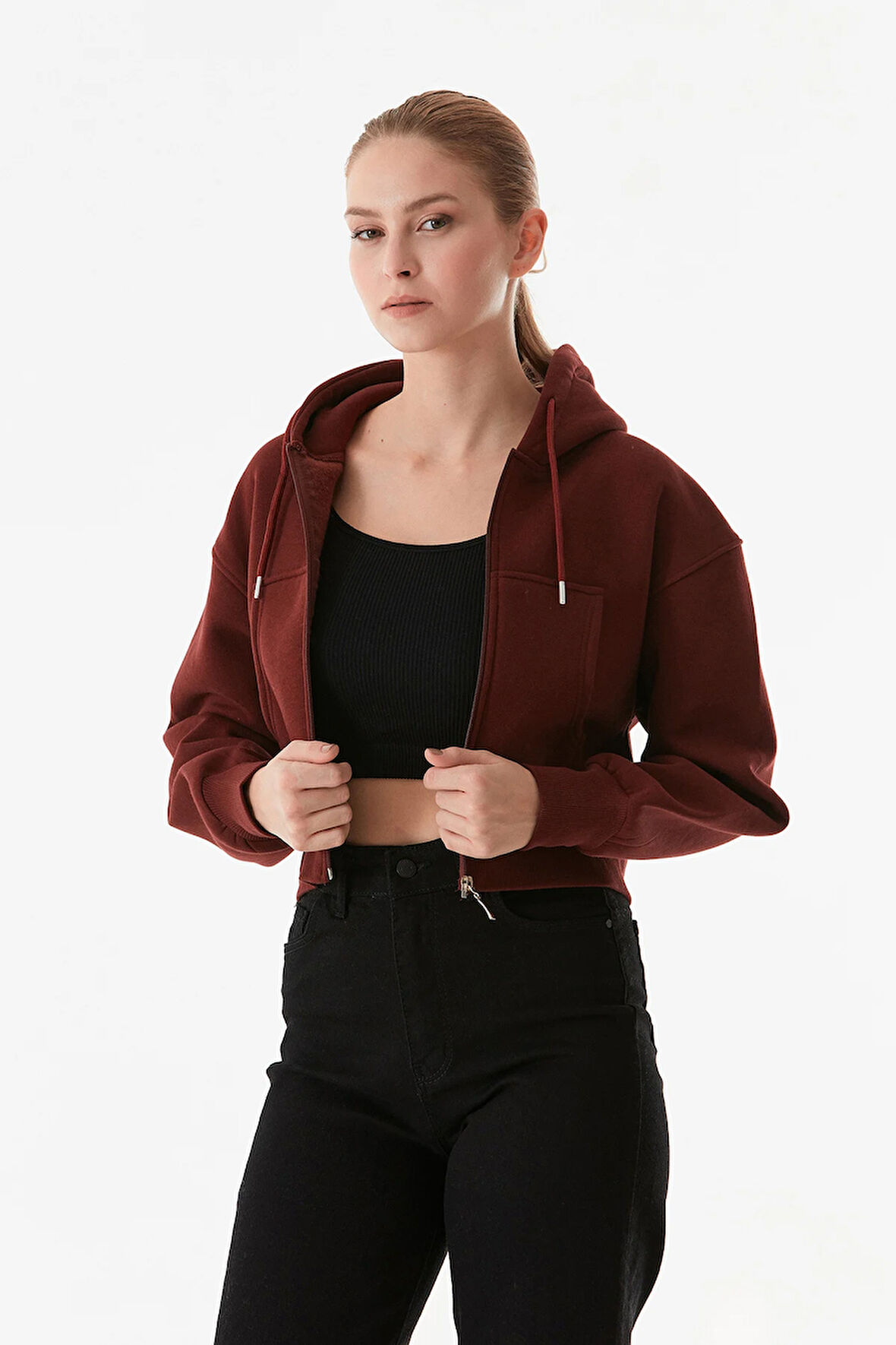 3 İplik Basic Kapüşonlu Crop Sweatshirt Hoodie