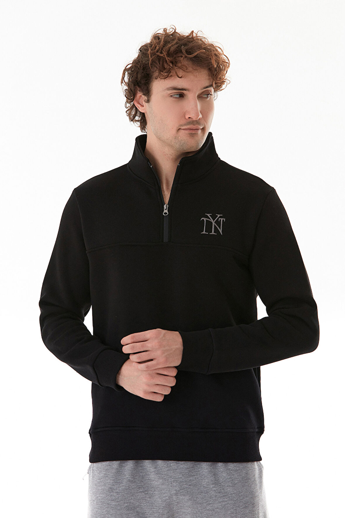 Ny Nakışlı Yarım Fermuarlı Dik Yaka Sweatshirt