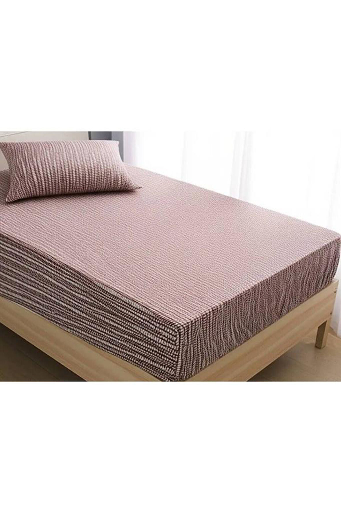 Home Tek Kişilik Kahverengi Renkli Oval Çizgili Derinlikli Lastikli Çarşaf ve Yastık Kılıfı