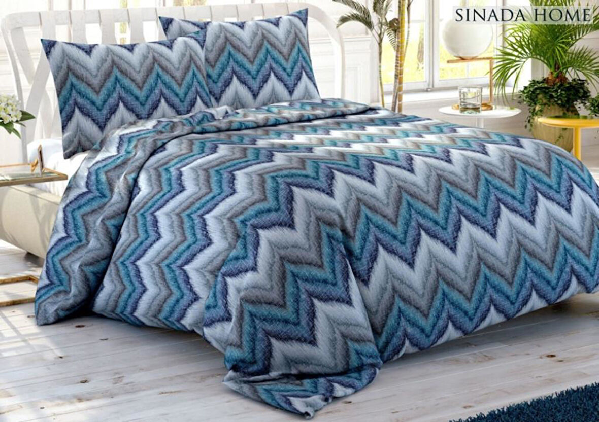 Sinada Zikzak Mavi Lastikli Çarşaf Set Çift Kişilik Set 200*220