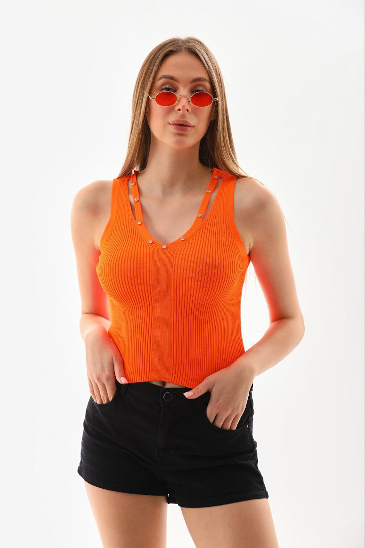 Kadın Fitilli Askılı Taşlı Triko Bady 25012