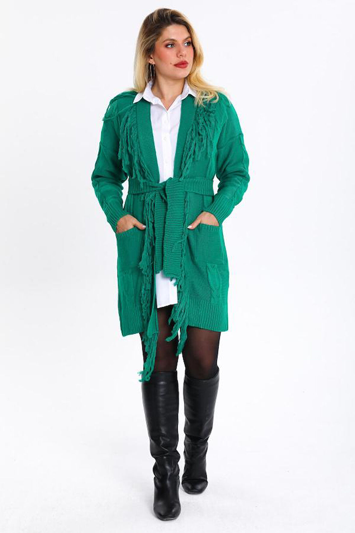 Kadın Saç Örgülü Püsküllü Triko Hırka 019