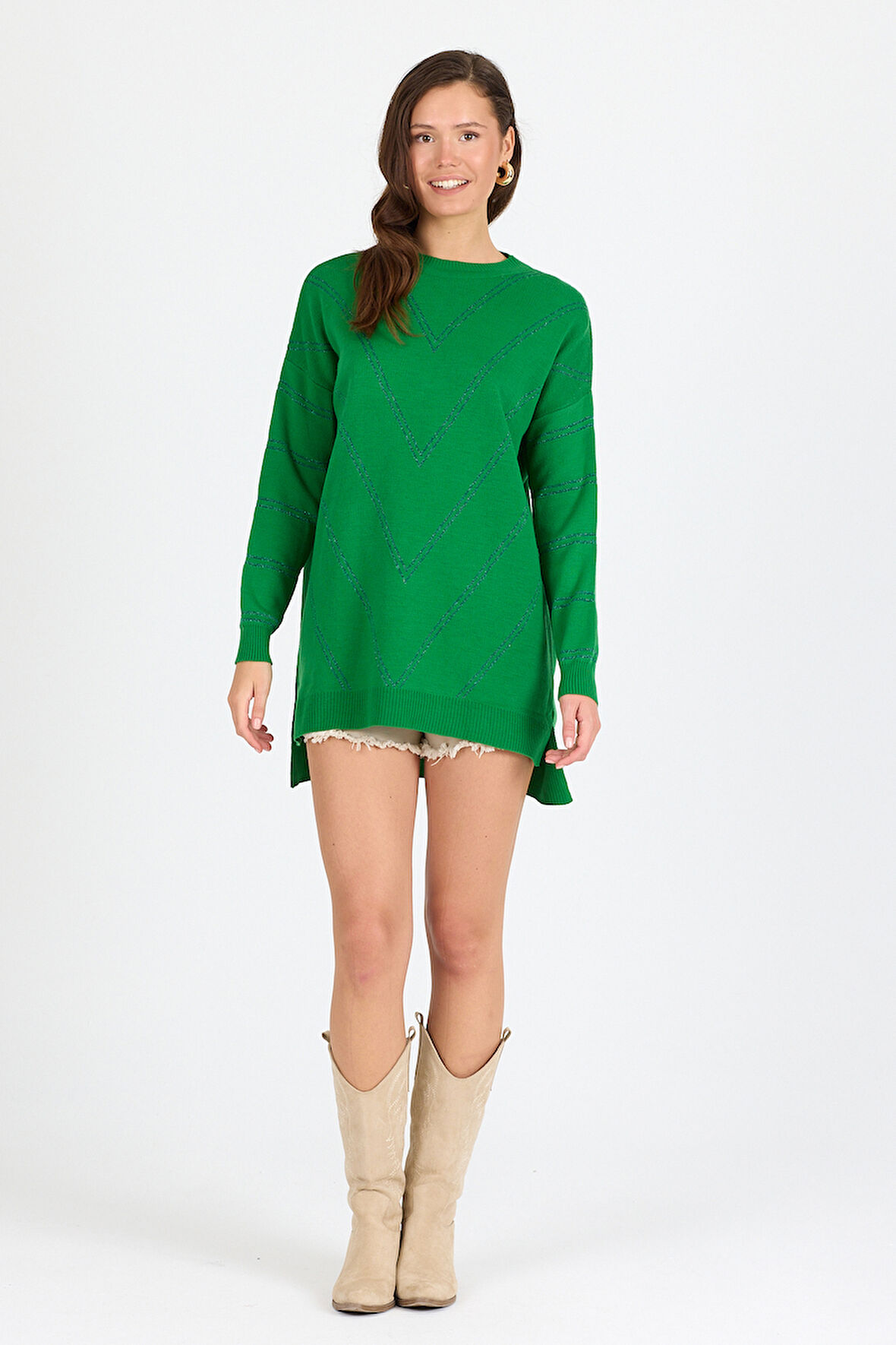 Kadın Sim Garnili Bisiklet Yaka Triko Bluz 21014 (Standart Beden s-m-l-xl Beden Uyumludur)