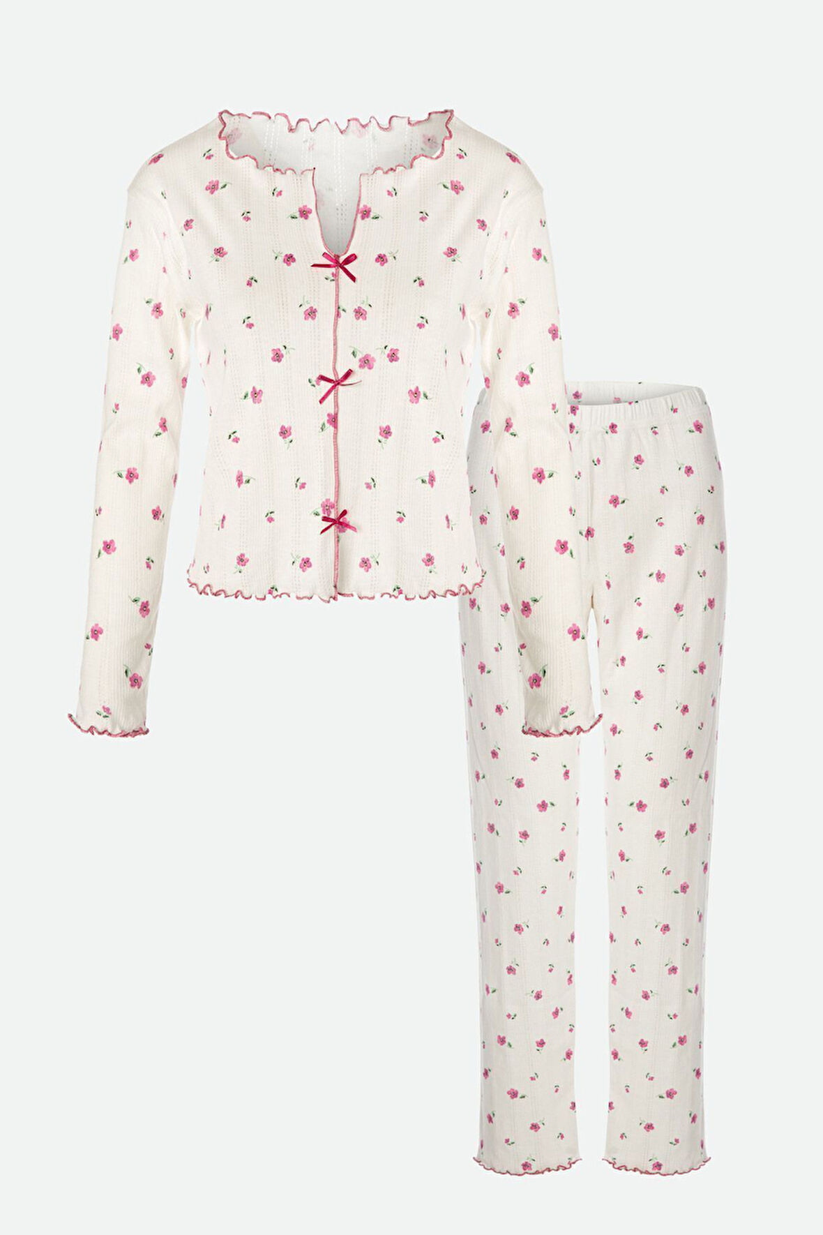 Kadın Pamuklu Çıtır Çiçek Desenli Baby Overloklu Fiyonk Detaylı Uzun Kollu Pijama Takımı
