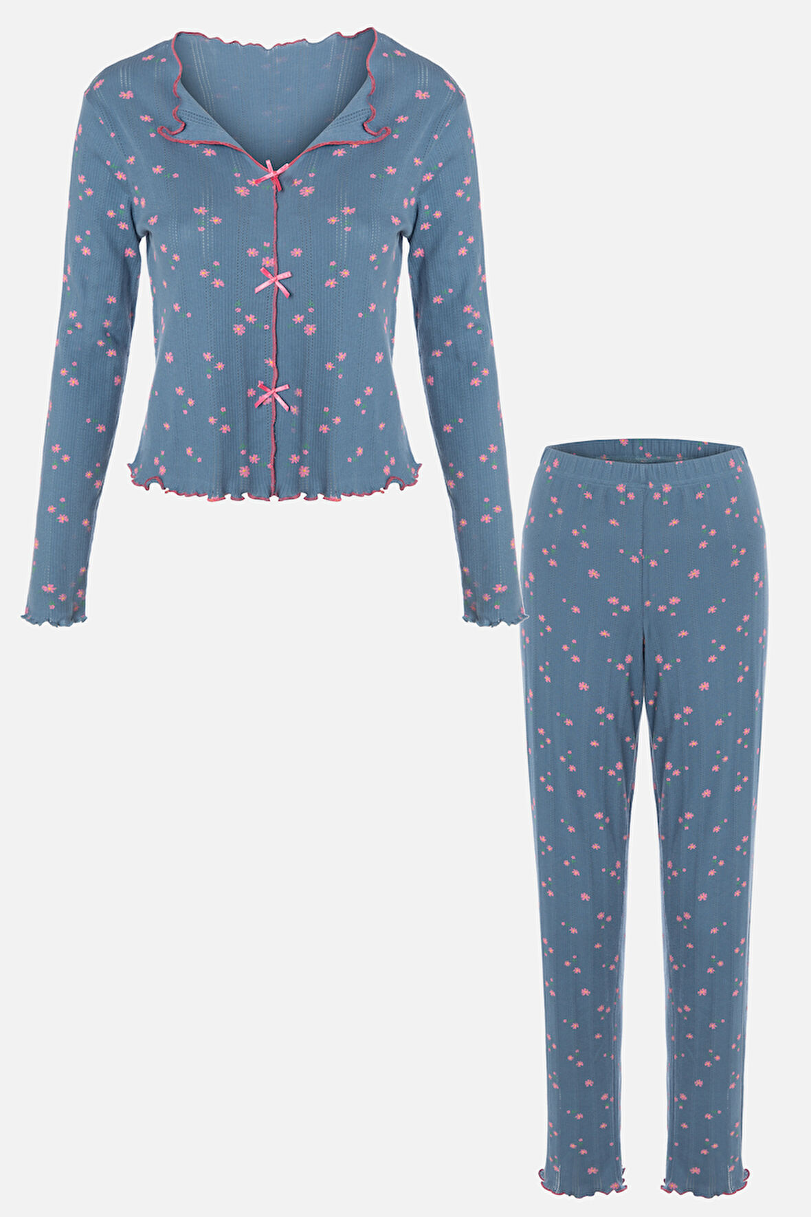 Kadın Pamuklu Çıtır Çiçek Desenli Baby Overloklu Fiyonk Detaylı Uzun Kollu Pijama Takımı